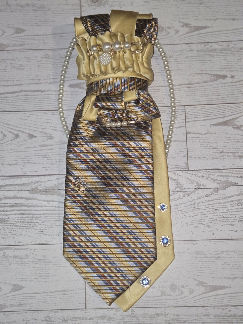 Gold Multi-Stripe Necktie Necklace with Pearl Accents